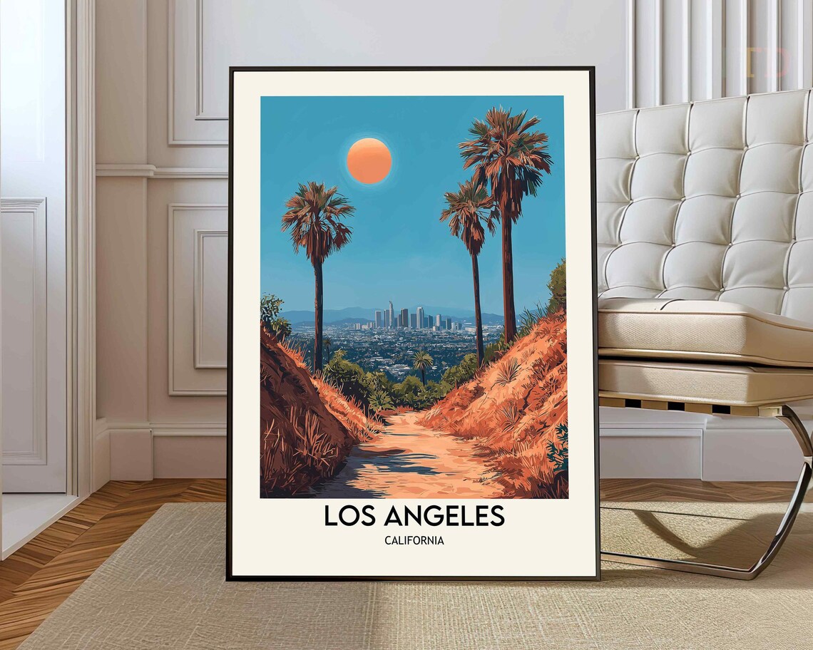Los Angeles California Sunset Palms Skyline Hiking Trail Travel Poster