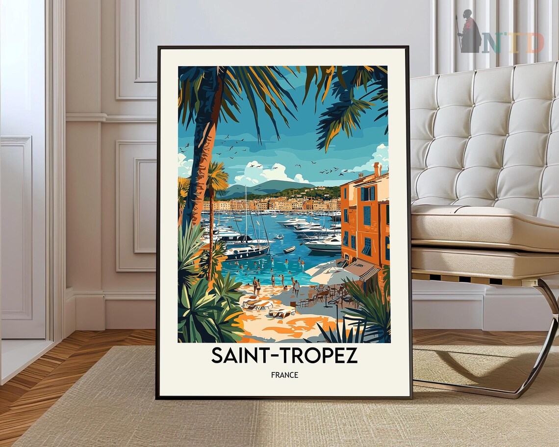 Saint-Tropez France Palm Beach Harbor Vintage Travel Art Poster