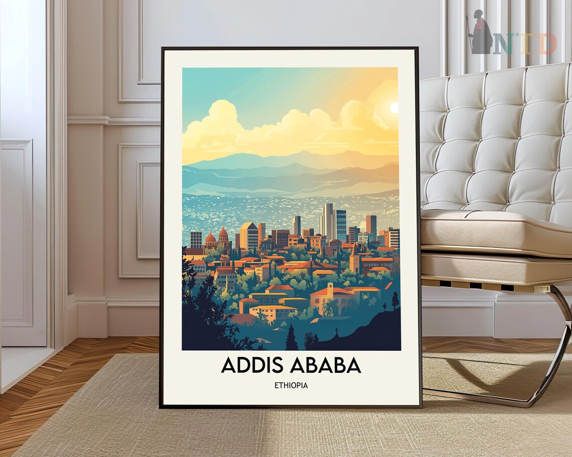 Addis Ababa Ethiopia City Skyline Sunset Vintage Travel Poster