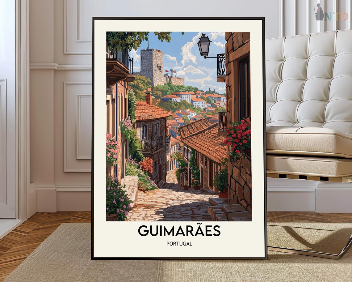 Guimarães Portugal Cobblestone Alley Flower Scene Travel Poster