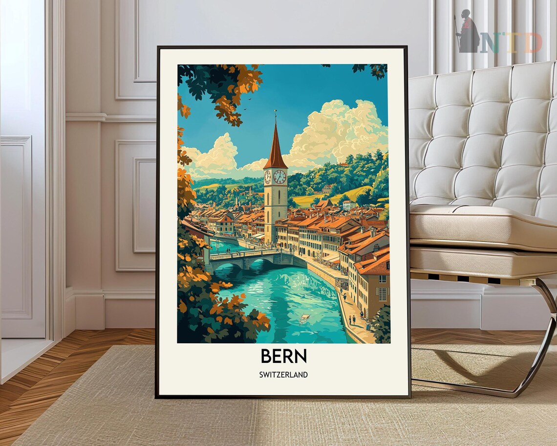 Bern Switzerland Old Town Clock Tower River Vintage Travel Poster