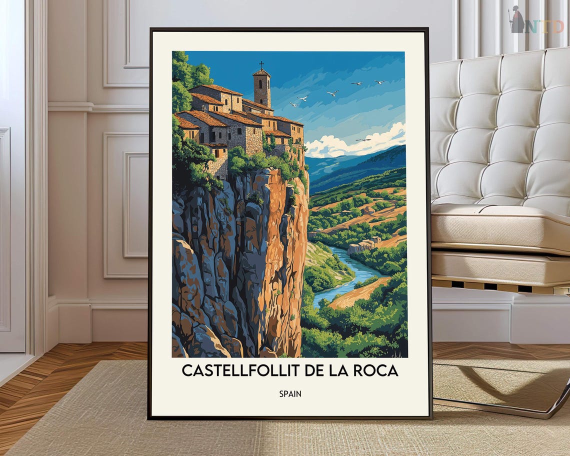 Castellfollit de la Roca Spain Cliff Village Vintage Travel Poster