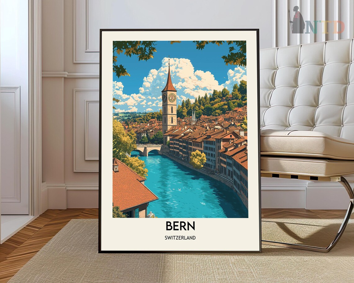 Bern Switzerland Aare River Old Town Vintage Travel Art Poster