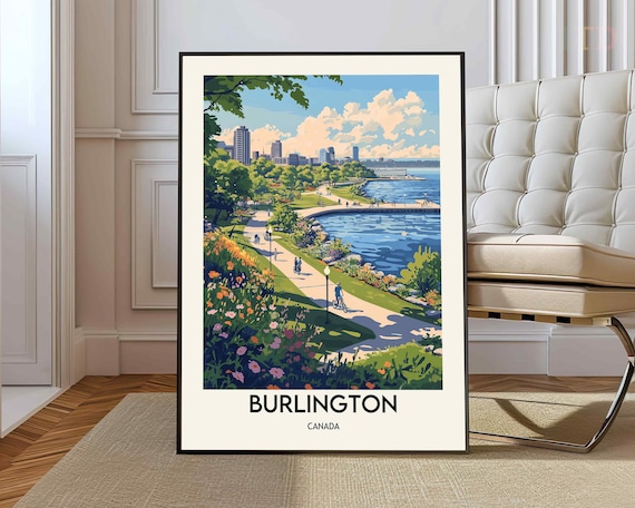 Burlington Canada Travel Poster Waterfront Park Skyline Lake Shore View