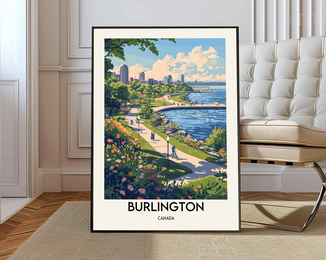Burlington Canada Travel Poster Waterfront Park Skyline Lake Shore View
