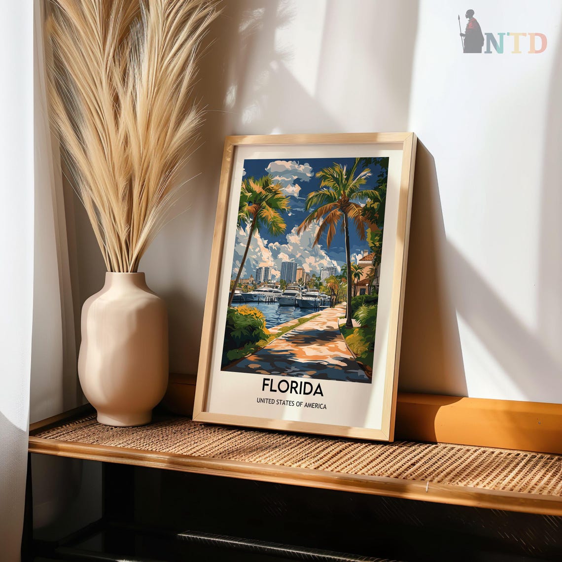 Florida Sunset Marina With Palm Trees And Docked Yachts Poster - Image 2