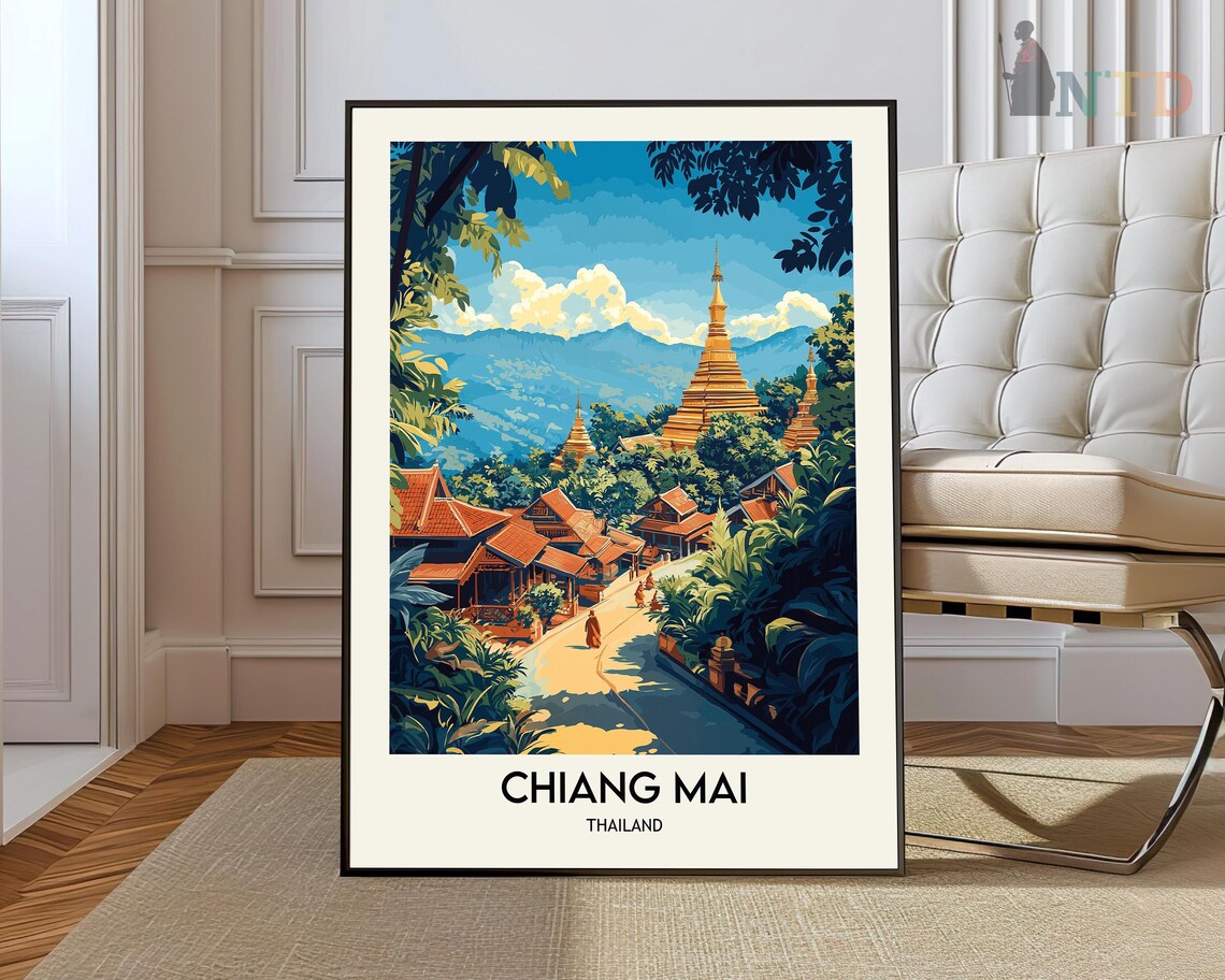 Chiang Mai Golden Temples Mountain Town Vintage Travel Poster