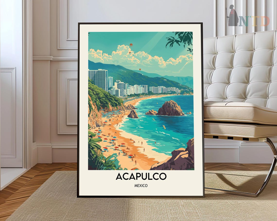 Acapulco Bay Beach Umbrella Crowd Mexico Coastline Travel Poster