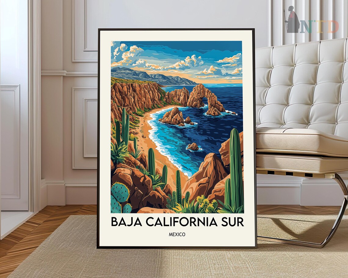 Rocky Sea Arch and Cacti Baja California Sur Mexico Travel Poster