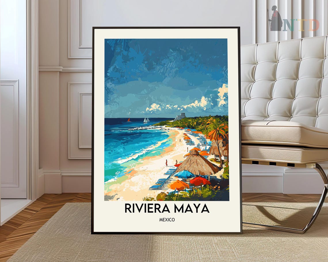 Riviera Maya Mexico Beach Umbrellas Vintage Travel Art Poster