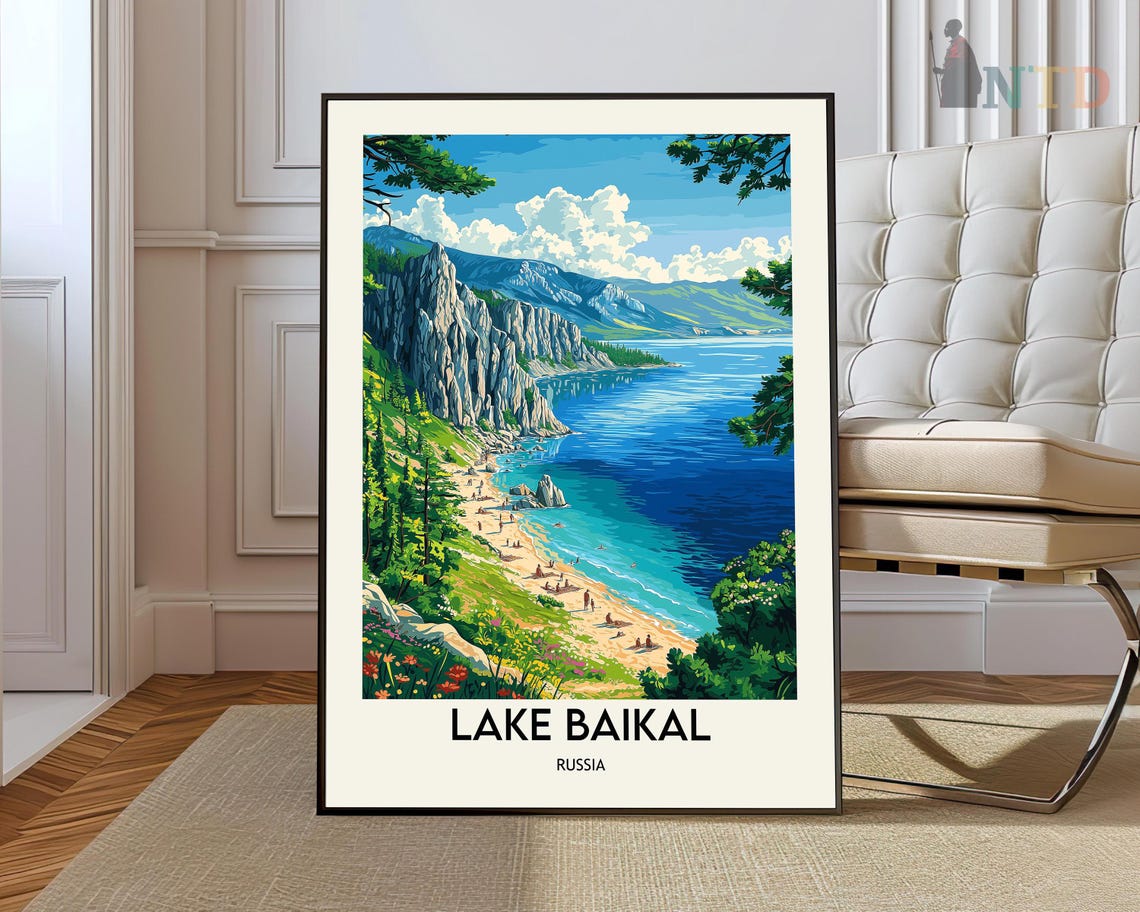 Lake Baikal Russia Rocky Cliffs Deep Blue Shore Vintage Travel Poster
