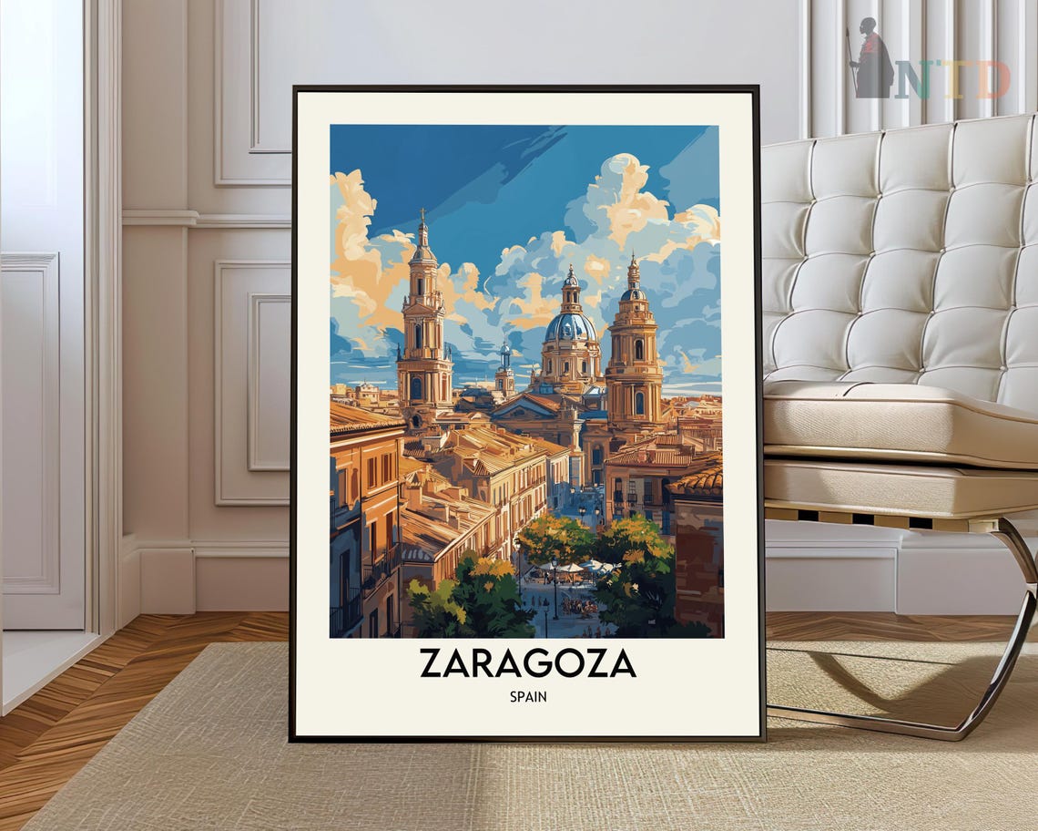 Zaragoza Spain Old Town Towers Cathedral Skyline Travel Poster