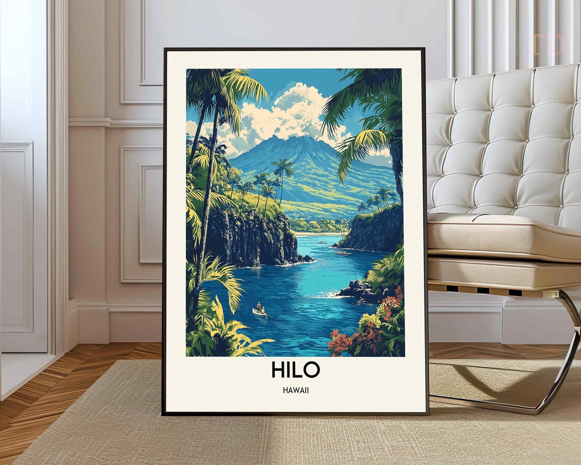 Hilo Hawaii Vintage Travel Art Tropical Cove Palms Volcano Scene Poster