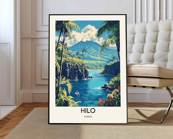 Hilo Hawaii Vintage Travel Art Tropical Cove Palms Volcano Scene Poster
