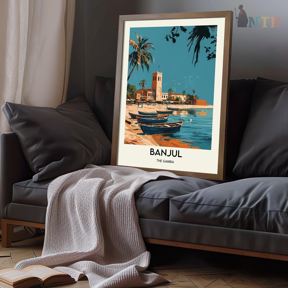 Banjul The Gambia Palm Trees Fishing Boats Beach Tower Travel Poster - Image 3
