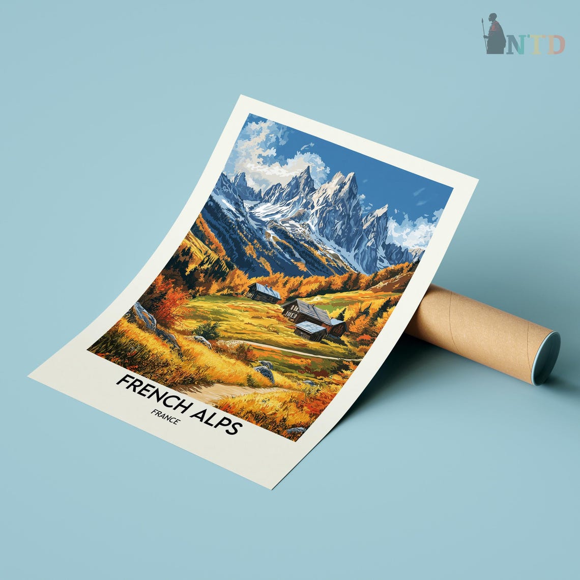 French Alps Autumn Meadow Chalets Jagged Peaks Vintage Travel Poster - Image 3