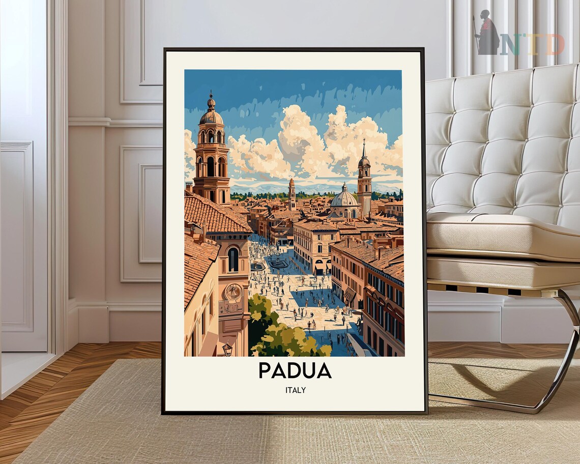 Padua Italy Bell Towers Over Lively City Square Travel Poster