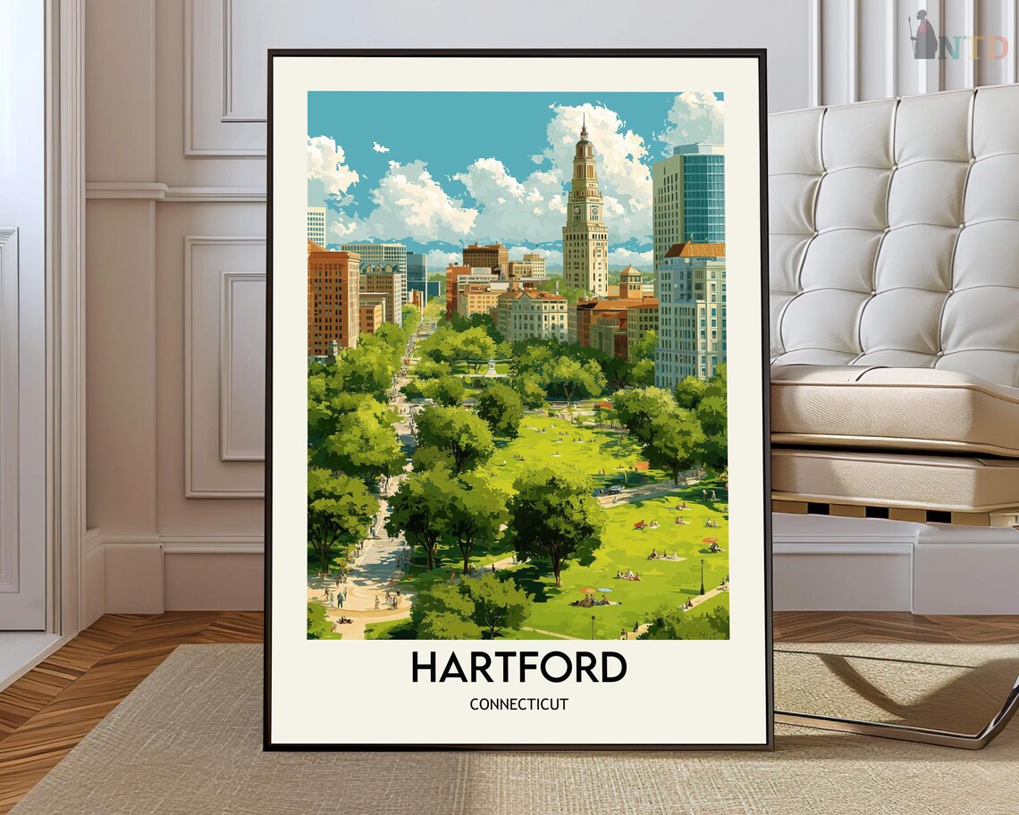 Hartford Connecticut Bushnell Park Skyline Vintage Travel Poster