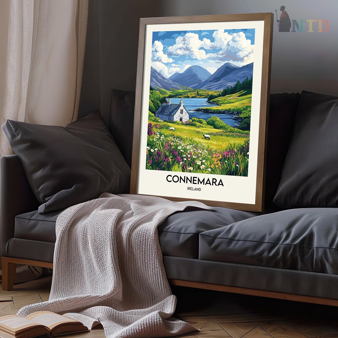 Connemara White Cottage by the Lake with Mountains and Sheep Poster - Image 3