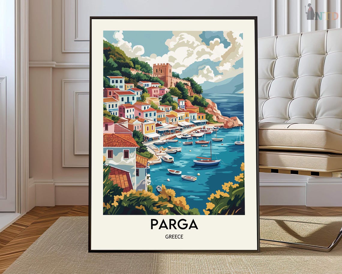 Parga Greece Coastal Harbor Colorful Travel Poster Illustration