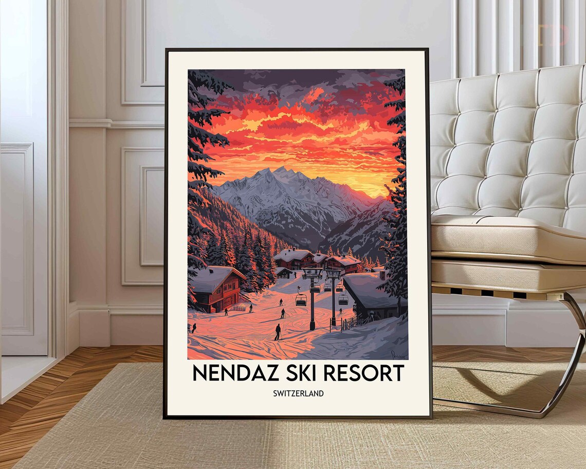 Nendaz Switzerland Ski Resort Sunset Slopes Vintage Travel Poster