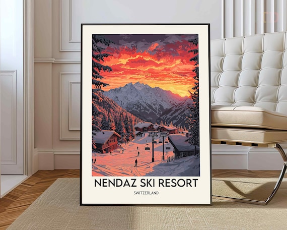 Nendaz Switzerland Ski Resort Sunset Slopes Vintage Travel Poster