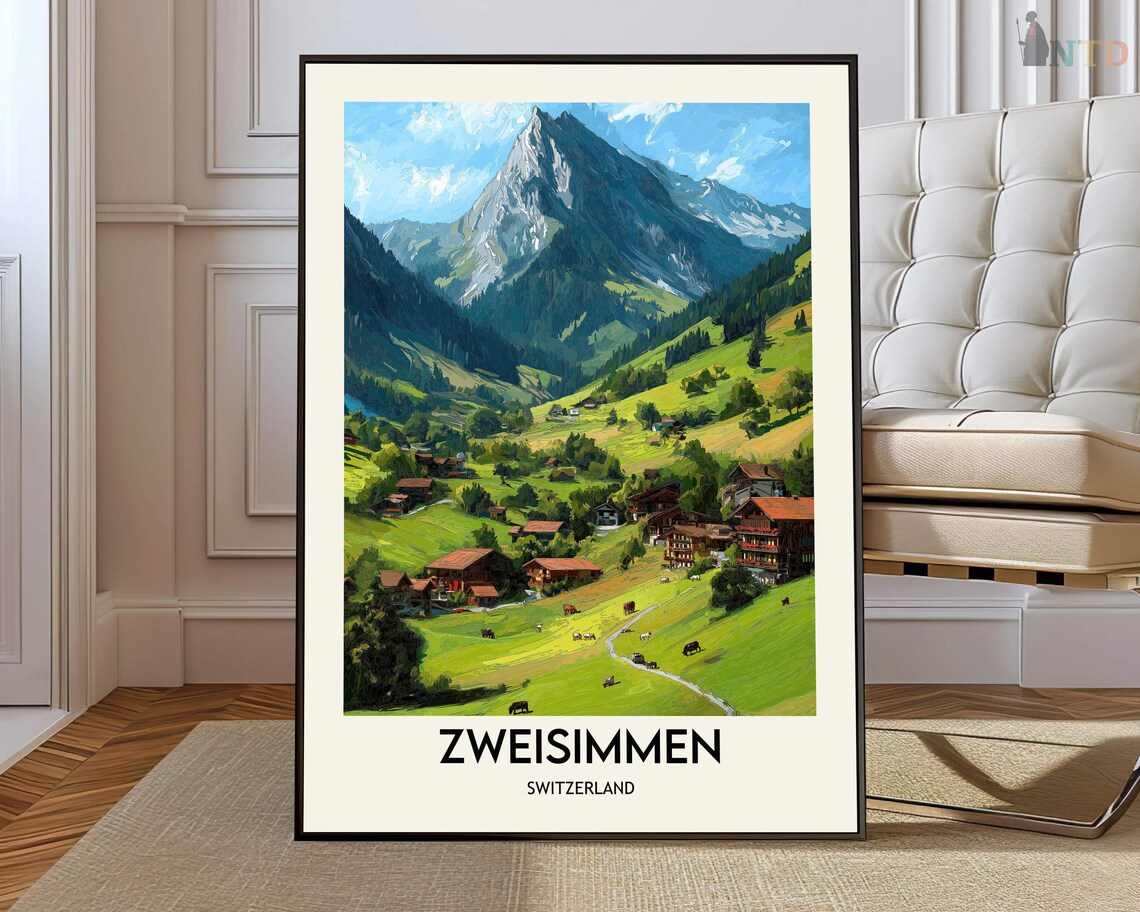 Zweisimmen Switzerland Alpine Village Summer Meadow Travel Poster