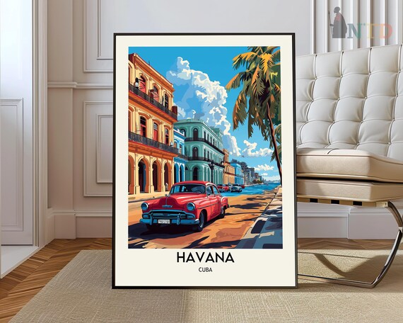 Havana Cuba Vintage Red Car Colonial Street Old Town Travel Poster