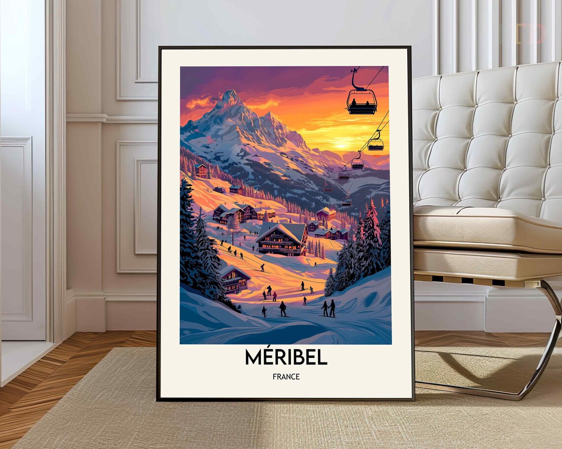 Meribel France Sunset Ski Village Chairlifts Alpine Travel Poster