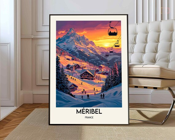 Meribel France Sunset Ski Village Chairlifts Alpine Travel Poster
