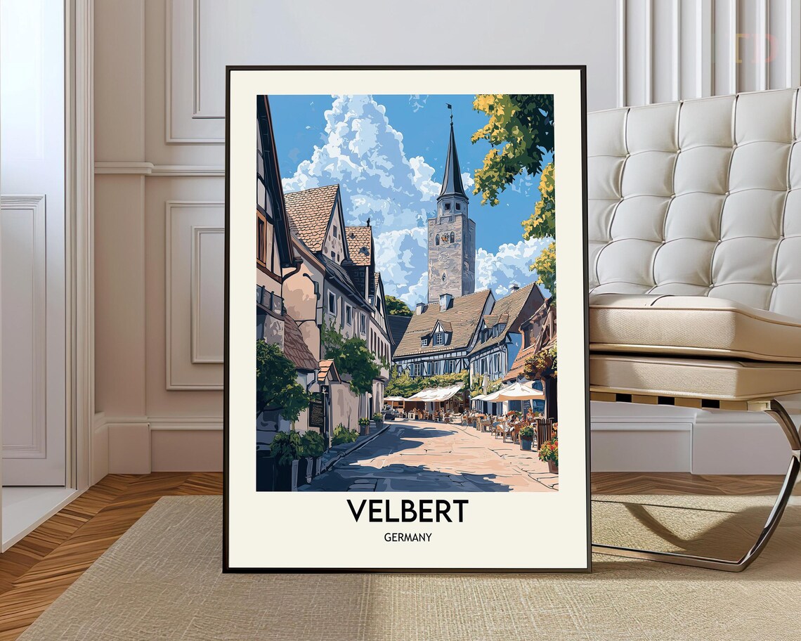 Velbert Germany Old Town Street Church Tower Retro Travel Poster