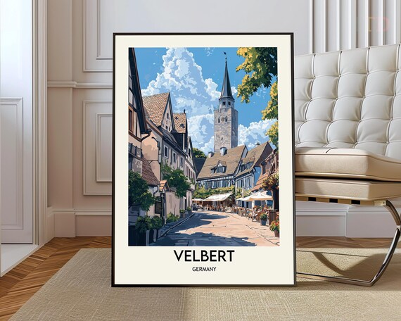Velbert Germany Old Town Street Church Tower Retro Travel Poster