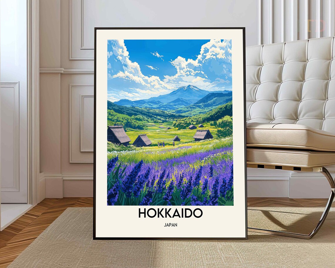 Hokkaido Japan Lavender Fields Farmhouse Mountain Retro Travel Poster
