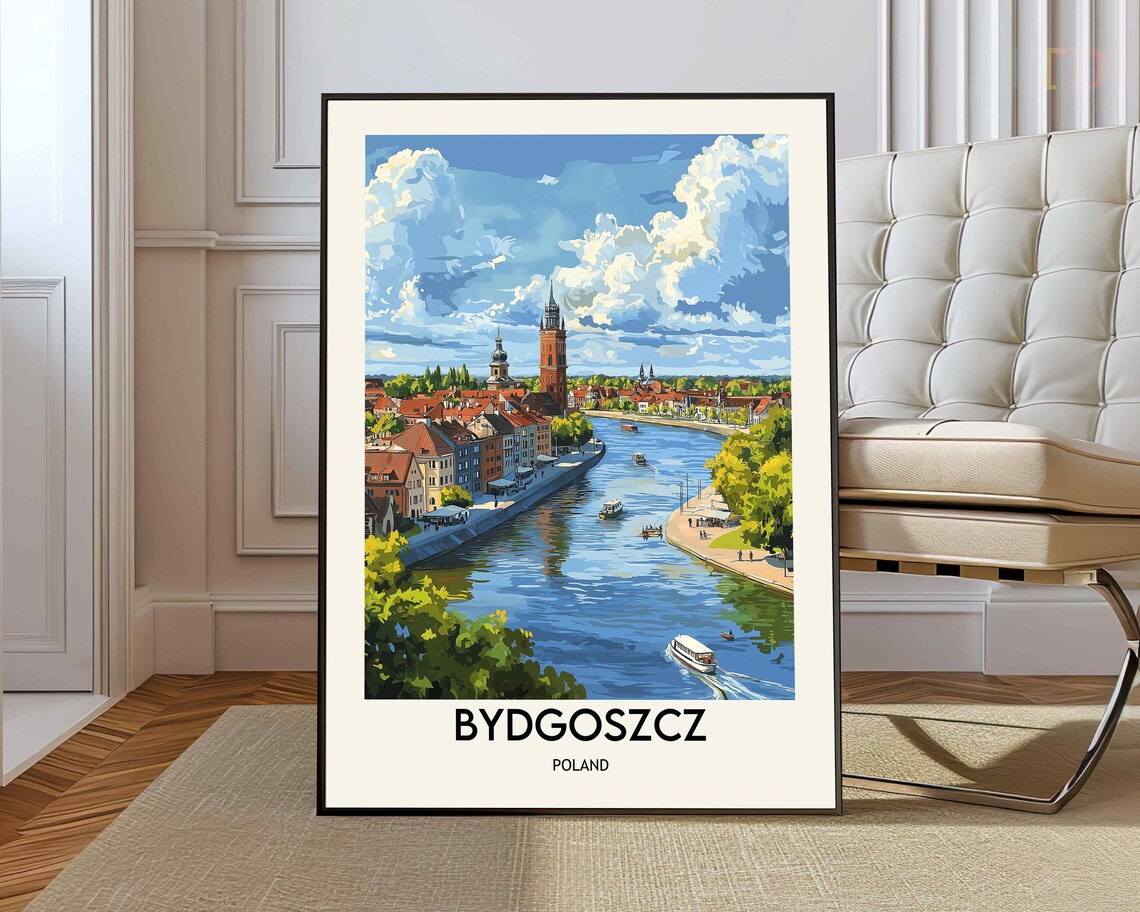 Bydgoszcz Poland Riverside Old Town Vintage Style Travel Poster