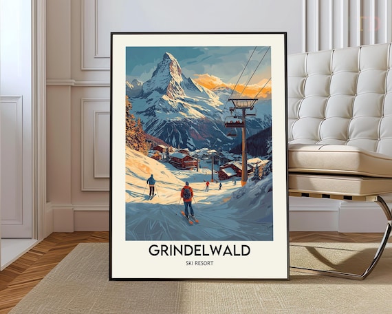 Grindelwald Switzerland Ski Resort Matterhorn Sunset Winter Travel Poster