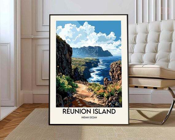 Reunion Island Indian Ocean Dramatic Coastal Cliffs Travel Poster