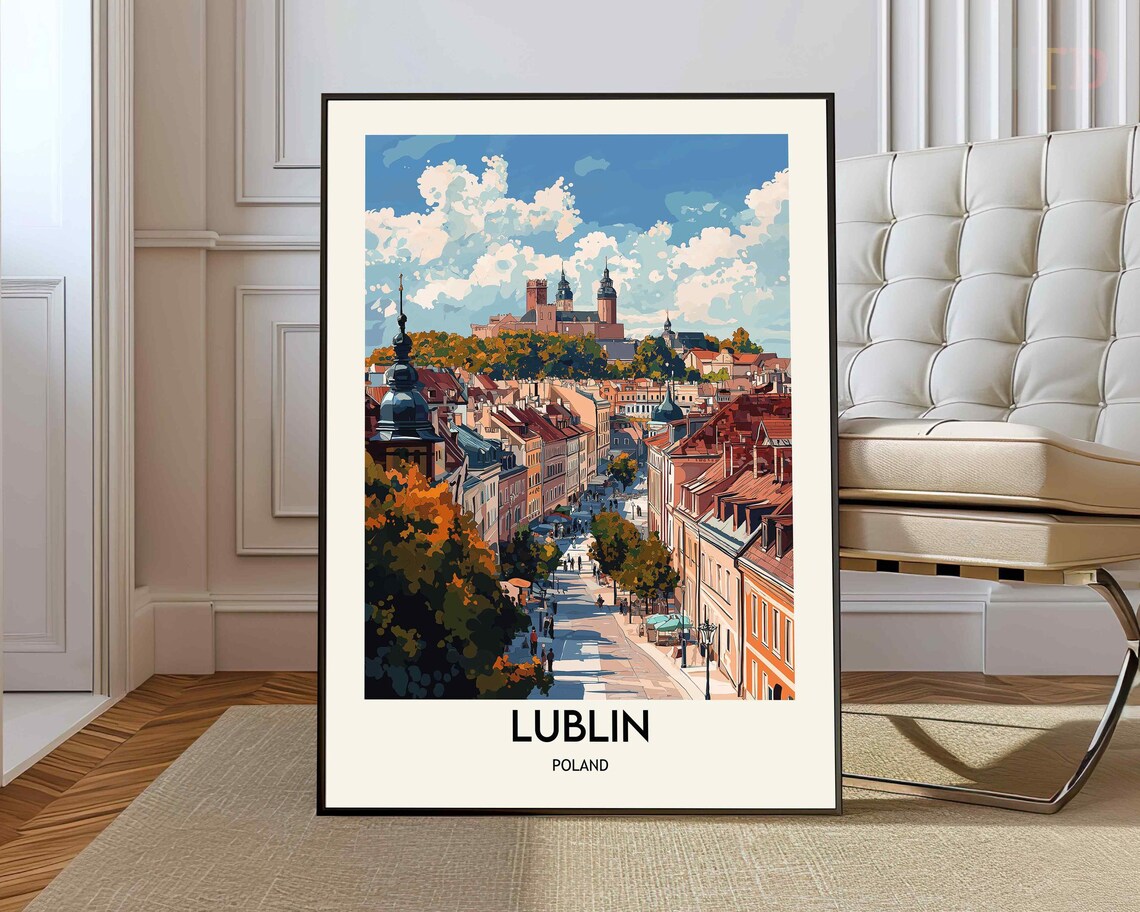 Lublin Poland Illustrated Old Town Castle Vintage Travel Poster