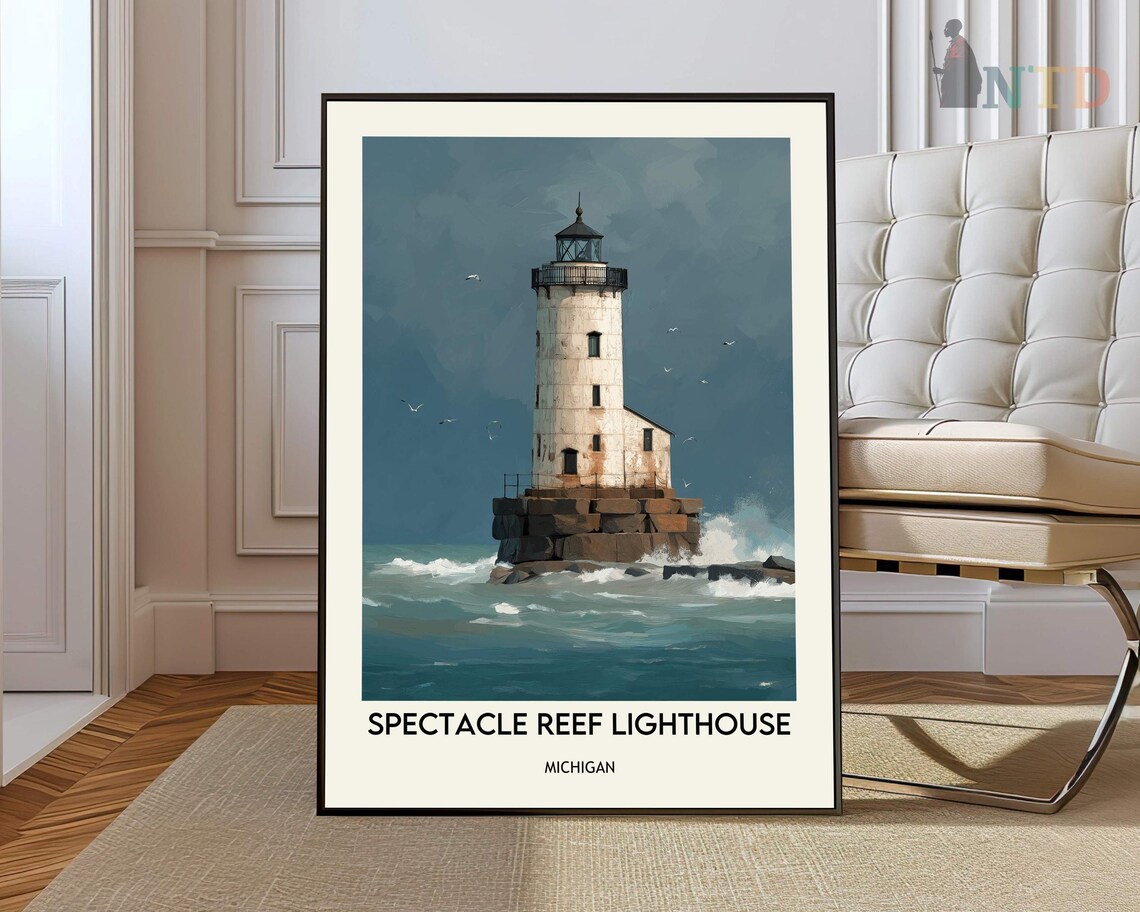 Spectacle Reef Lighthouse Michigan Stormy Sea Vintage Travel Poster