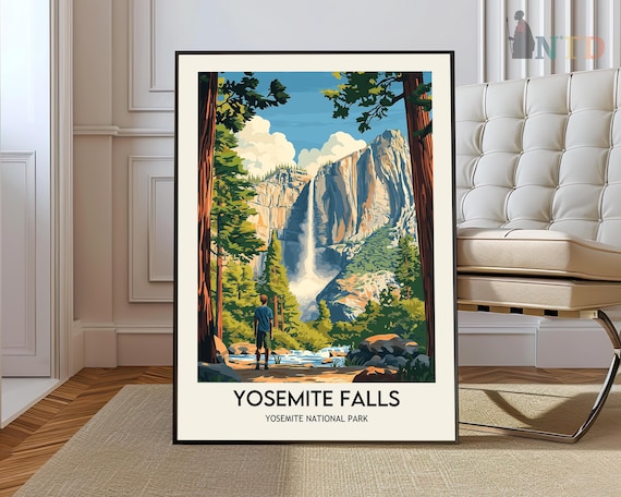 Yosemite Falls National Park Waterfall Cliffs Hiker Travel Poster