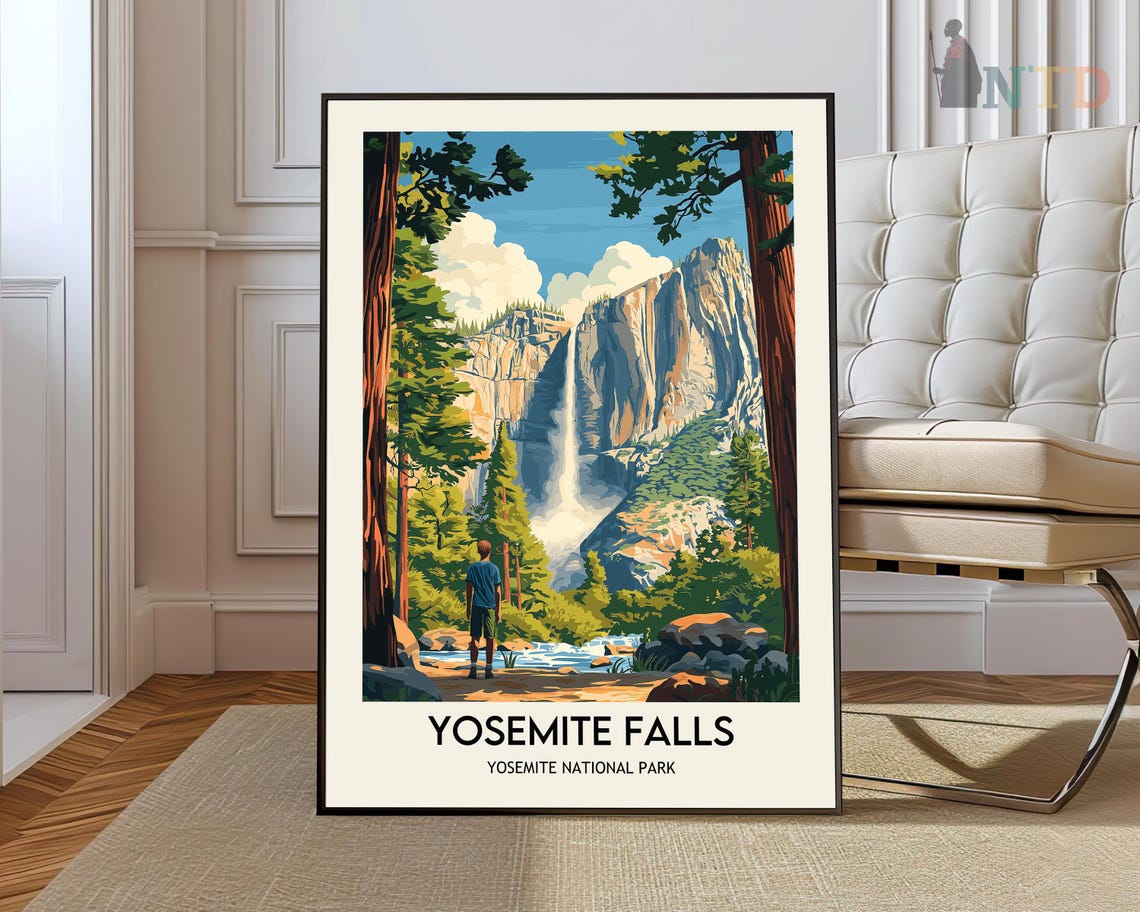 Yosemite Falls National Park Waterfall Cliffs Hiker Travel Poster