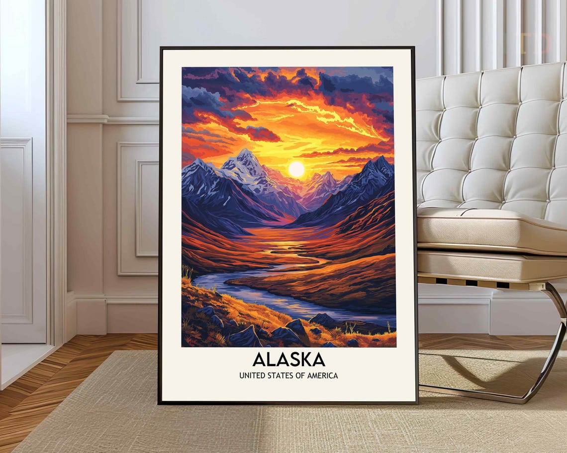 Alaska Mountain Sunset River Valley Fiery Vintage Travel Poster