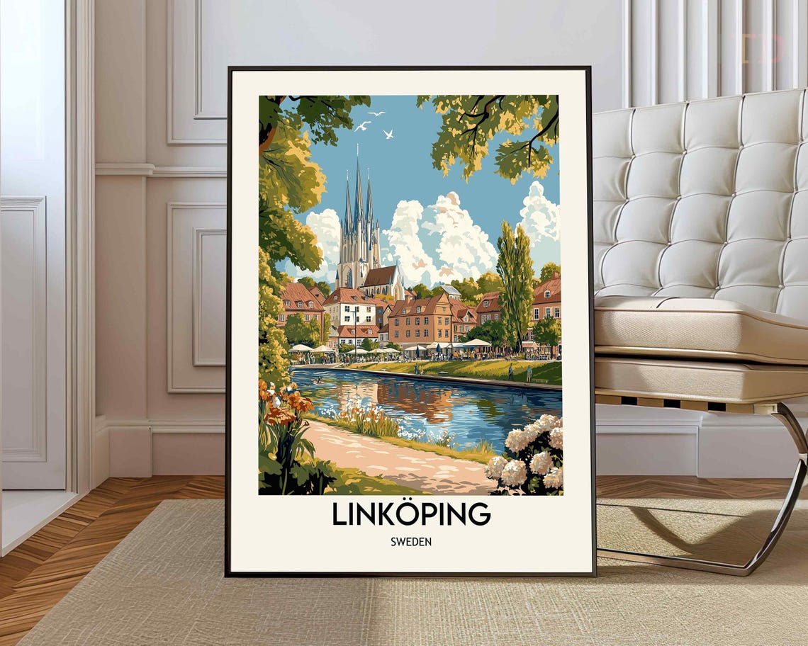Linköping Sweden Cathedral Riverside Café Vintage Travel Poster