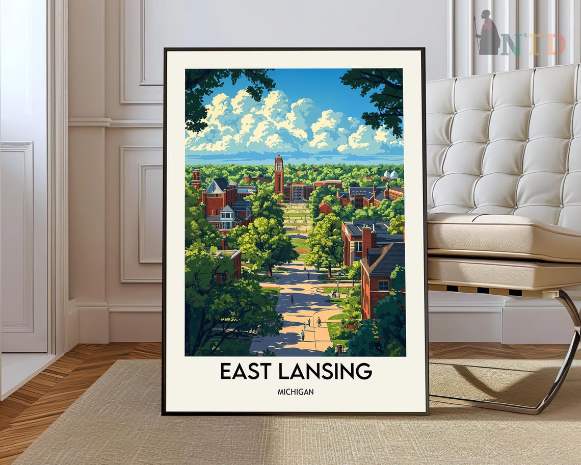 East Lansing Michigan Leafy Campus Vintage Travel Art Poster