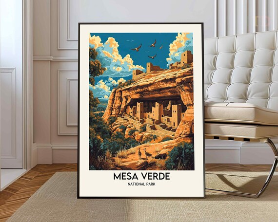 Mesa Verde National Park Cliff Dwellings Birds Retro Pop Art Poster
