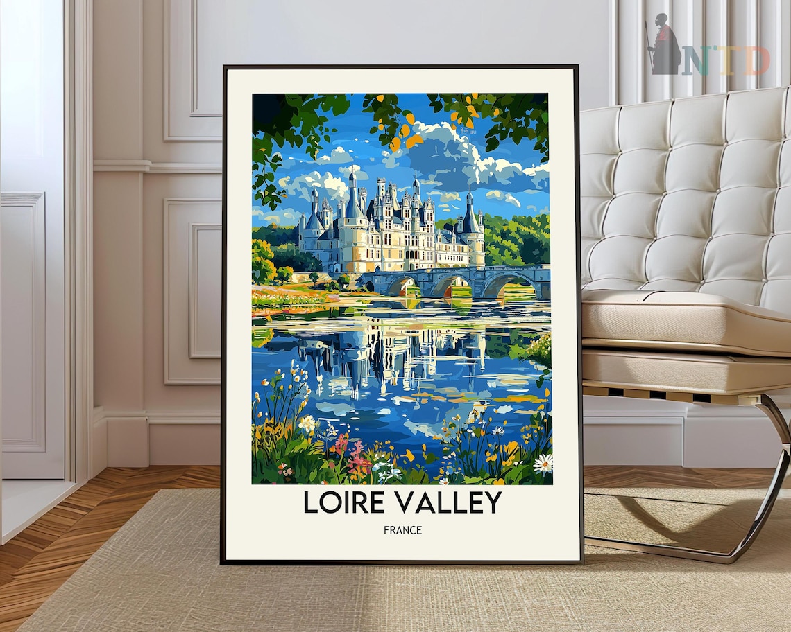 Loire Valley France Chateau Riverside Reflection Travel Poster