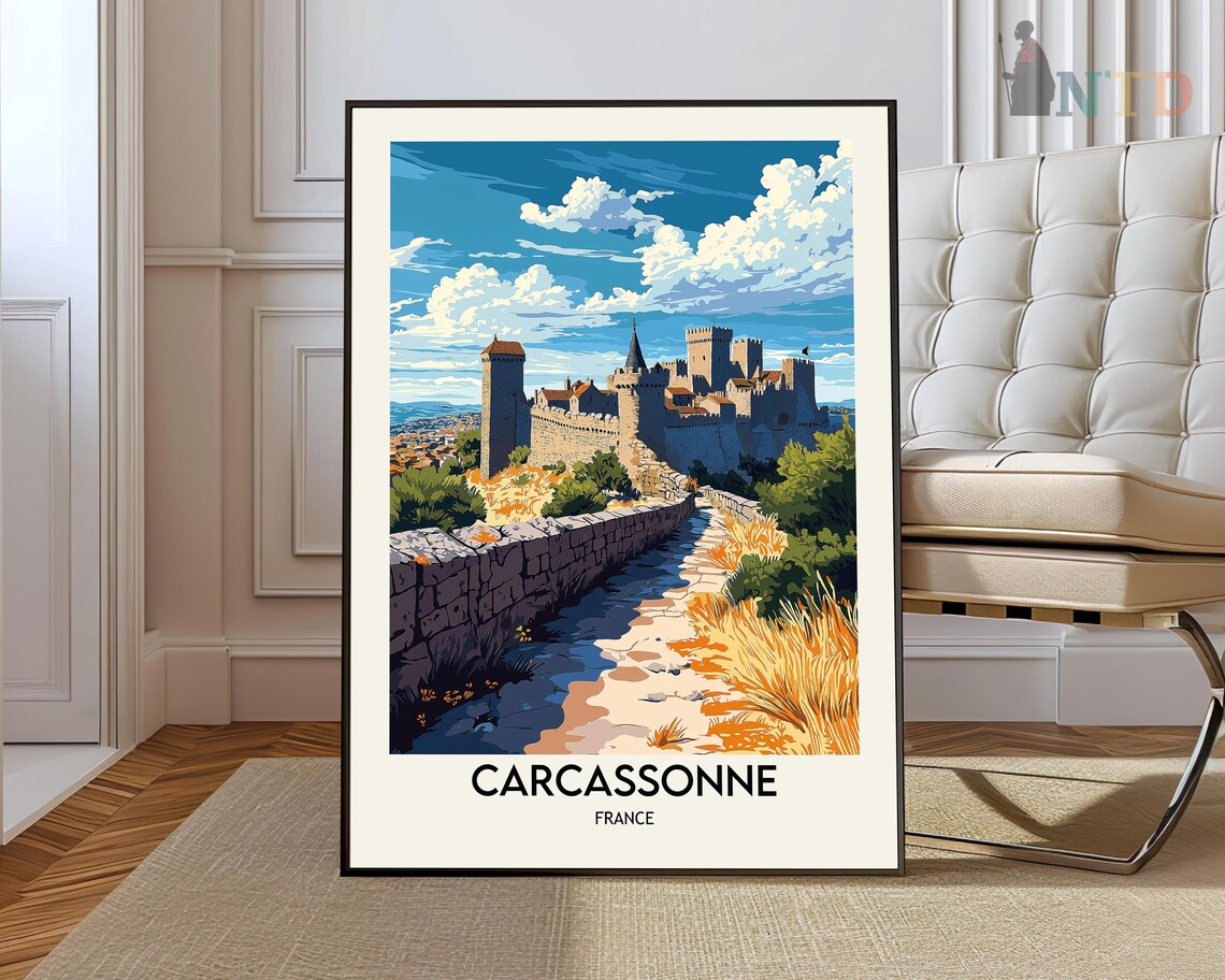Carcassonne Medieval Walled Citadel Towers Vintage Travel Poster