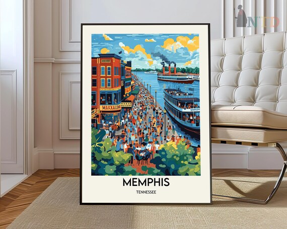 Vintage Memphis Tennessee Mississippi River Steamboat Travel Poster
