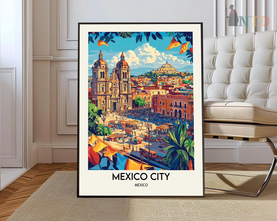 Mexico City Zocalo Cathedral Flags Plaza Bustling Travel Poster