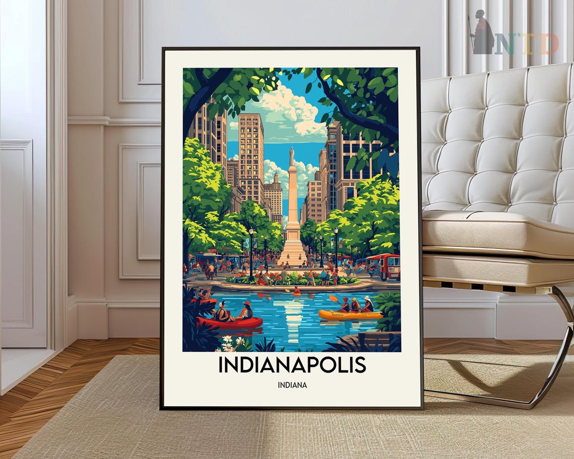 Indianapolis Indiana Monument Circle Canal Kayaks Travel Poster