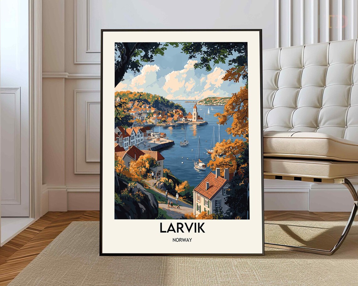 Larvik Norway Harbor Town Sailboats Autumn Hills Travel Poster
